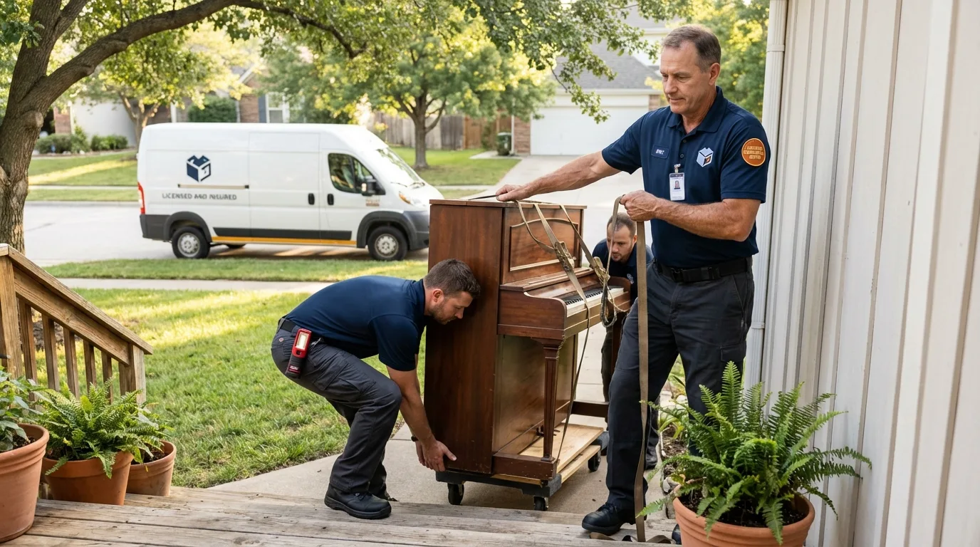 Licensed piano movers securing grand piano in Jenison, MI