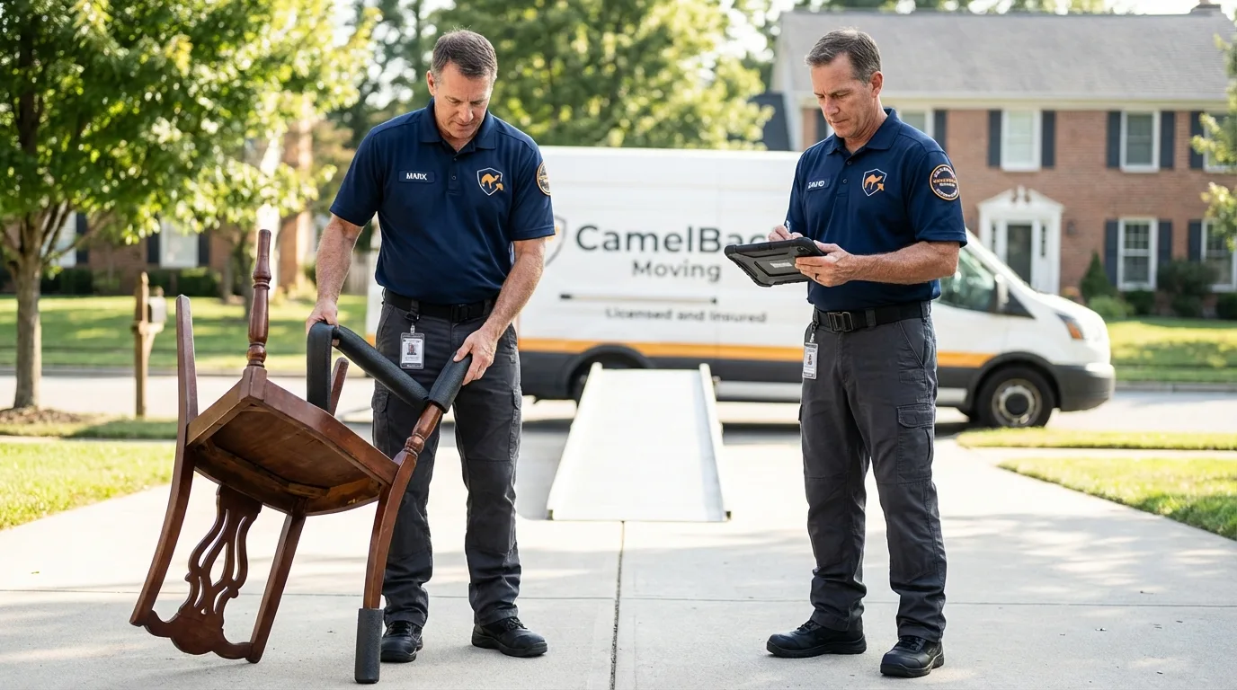 Movers inspecting furniture for damage prevention before loading in Jenison, MI